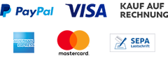 Bezahlung per PayPal (PayPal Konto notwendig) oder ohne PayPal-Konto per Rechnung, Kreditkarte, SEPA Lastschrift. Die Abwicklung erfolgt über PayPal.