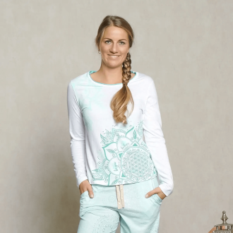 Pyjama-Longsleeve Shirt weiß/mint, 100% Baumwolle