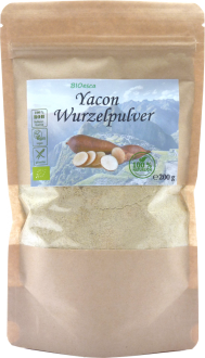 Bio Yacon Wurzel Pulver, 100% Yacon Wurzelpulver. schonend verarbeitet in Rohkostqualität, 200 g. Zum süßen von Speisen u. Getränken, niedriger glykämischer Index, Diabetiker geeignet.