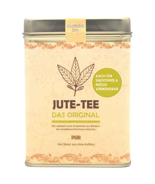 Jute-Tee aus getrockneten Juteblättern. Umstellung auf biologischen Landbau. 50 g in der hübschen Teedose