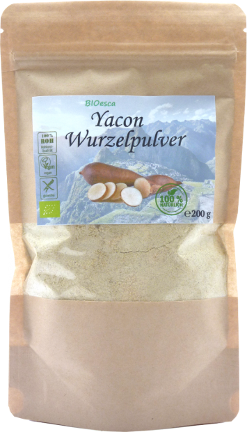 Bio Yacon Wurzel Pulver, 100% Yacon Wurzelpulver. schonend verarbeitet in Rohkostqualität, 200 g. Zum süßen von Speisen u. Getränken, niedriger glykämischer Index, Diabetiker geeignet.