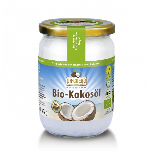 Extra Natives Bio-Kokosöl von Dr. Goerg, 500 ml. 100% reines Premium Kokosöl aus Erntefrischem Fruchtfleisch gepresst. Aus 1. Kaltpressung/Direktpressung unter 38°C hergestellt in Rohkostqualität. Aus kontrolliert biologischem Anbau. 100 % fair, ehrlich,