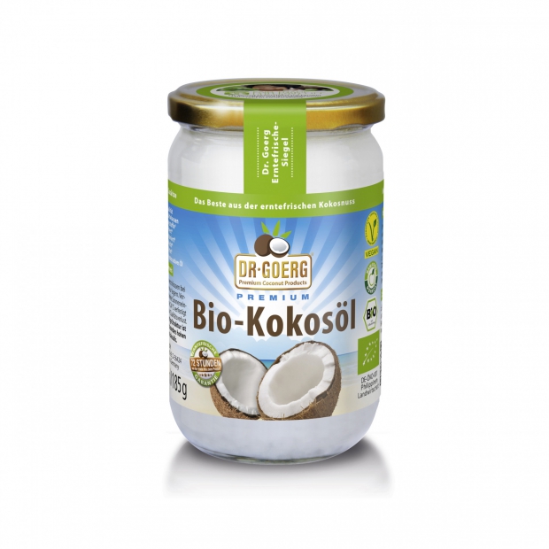 Extra Natives Bio-Kokosöl von Dr. Goerg, 200 ml. 100% reines Premium Kokosöl aus Erntefrischem Fruchtfleisch gepresst. Aus 1. Kaltpressung/Direktpressung unter 38°C hergestellt in Rohkostqualität. Aus kontrolliert biologischem Anbau. 100 % fair, ehrlich,