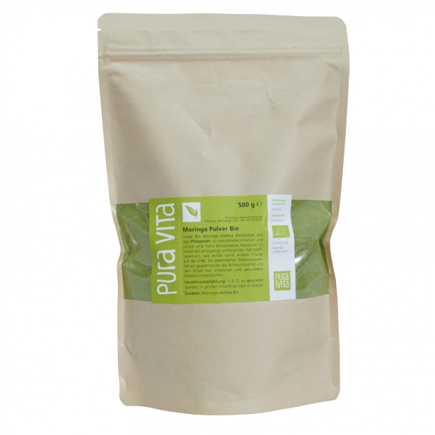 100% Moringa Blattpulver, bio und Rohkostqualität, Premiumqualität. In Tansania unter fairen Bedingungen verarbeitet.