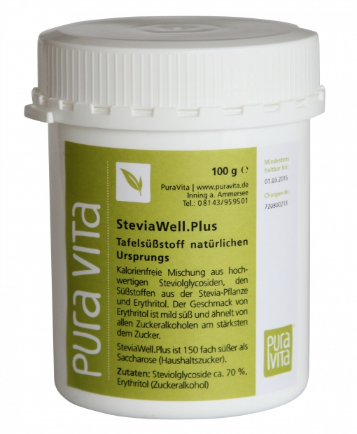 SteviaWell.Plus SteviaWell.Plus ist eine kalorienfreie Mischung aus hochwertigen Steviolglycosiden, den Süßstoffen der Stevia-Pflanze und Erythritol.