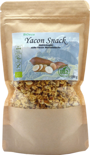 BIOesca Yacon Snack, 100 g, bio.  Getrocknete Yacon Wurzelstücke mit herrlich fruchtigem Geschmack der an Apfel erinnert. Soft und süß. Enthält kalorienarme Froctooligosaccharide sowie unverdauliches Inulin, wirkt deshalb als Präbiotikum und unterstützt b