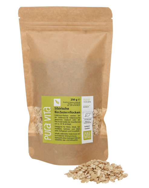 Zedernussflocken 250 g, aus zertifizierter Wildsammlung, bio und Rohkost Qualität. Teilentölte, proteinreiche Zedernnüsse für Müsli, Brot oder selbstgemachtes Pesto.